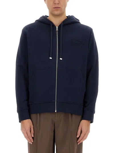 Etro Zip-up Black Hoodie With Embossed Logo In Blue
