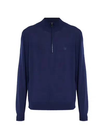 Etro Logo Embroidered Half-zip Sweater In Blue