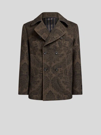 ETRO , DOUBLE-BREASTED WOOL AND CASHMERE PEA COAT, MAN, BROWN, SIZE L