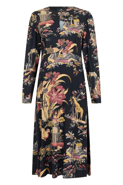 Etro -inspired Long Sleeve Floral Printed Long Dress In Multi