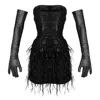 Ettie Women's Black Feather Hem Sequin Strapless Mini Dress And Gloves In Black