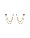 ETTIKA BLUE CRYSTAL & LOOPED CHAINS DOUBLE PIERCING DROP EARRINGS IN 18K GOLD PLATED