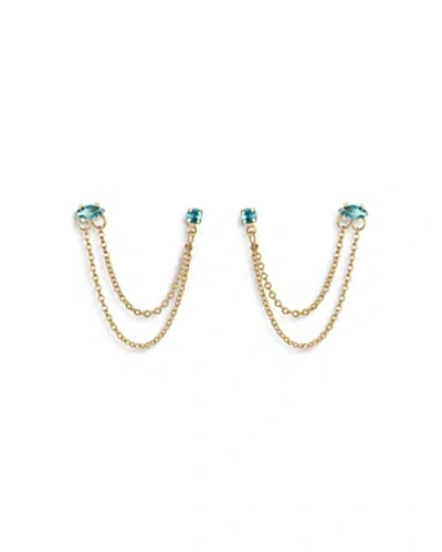 Ettika Blue Crystal & Looped Chains Double Piercing Drop Earrings In 18k Gold Plated