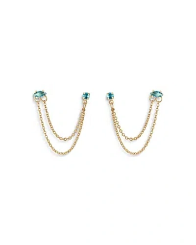 ETTIKA BLUE CRYSTAL & LOOPED CHAINS DOUBLE PIERCING DROP EARRINGS IN 18K GOLD PLATED