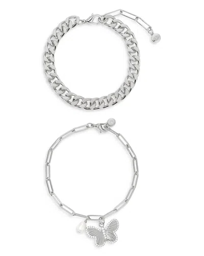 Ettika Butterfly Charm & Chain Bracelet, Set Of 2 In Silver