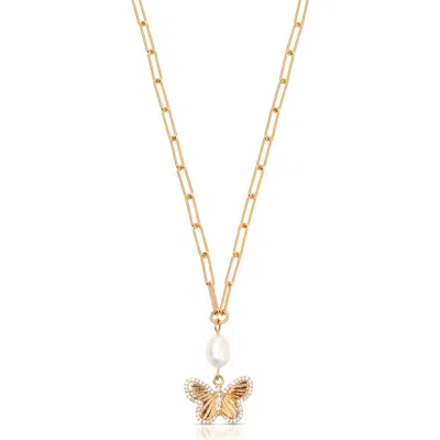 Ettika Butterlfy & Freshwater Pearl Pendant Necklace In Gold
