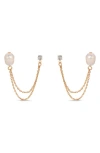Ettika Double Post Pearl And Crystal Draped Chain Earrings In Gold