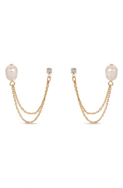 Ettika Double Post Pearl And Crystal Draped Chain Earrings In Gold