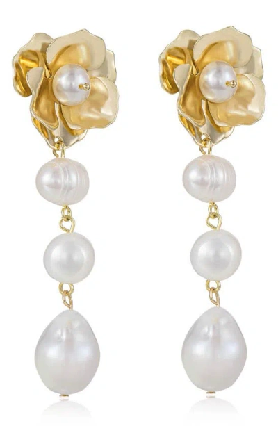 Ettika Cultured Freshwater Pearl Drop Floral Earrings In White/gold