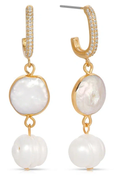 Ettika Cultured Freshwater Pearl Drop Huggie Hoop Earrings In White/gold