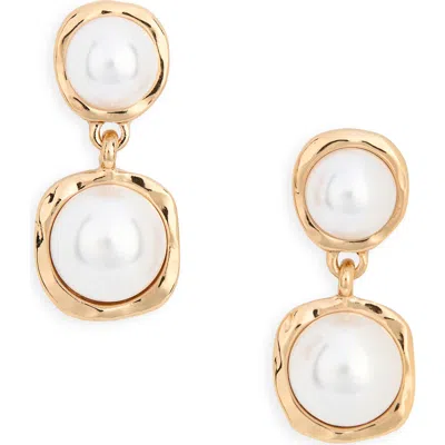 Ettika Double Faux Pearl Drop Earrings In Gold