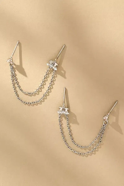 Ettika Double Piercing Chain Dangle Earrings In Silver