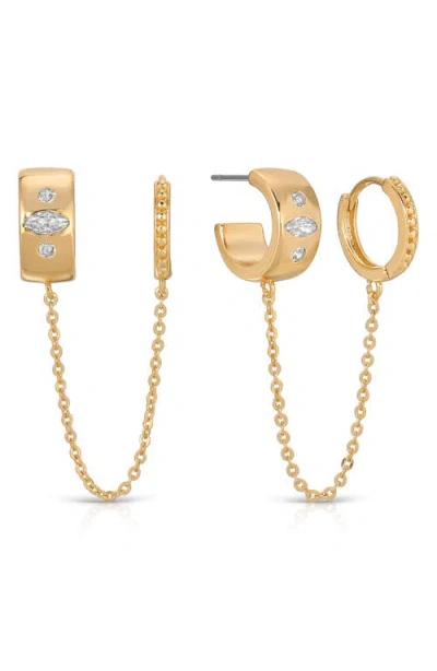 Ettika Double Piercing Chain Drop Earrings In Gold