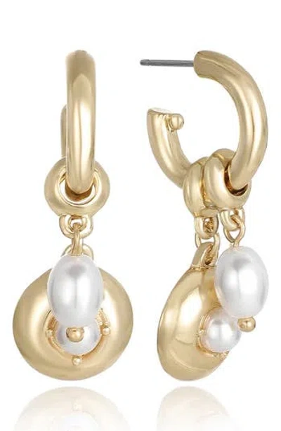 Ettika Faux Pearl Charm Huggie Hoop Earrings In Gold