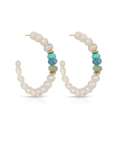 Ettika Freshwater Pearl Beaded Mixed Gemstone Hoop Earrings In White
