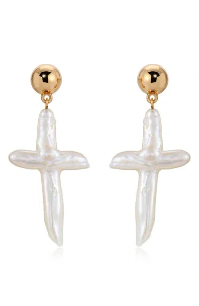 Ettika Freshwater Pearl Cross Drop Earrings In White