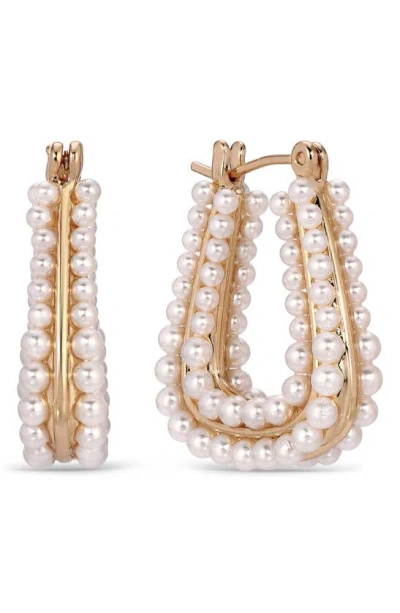 Ettika Imitation Pearl Oval Hoop Earrings In White/gold