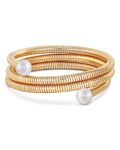 ETTIKA IMITATION PEARL SPRING BAND FLEX COIL BRACELET IN 18K GOLD PLATED