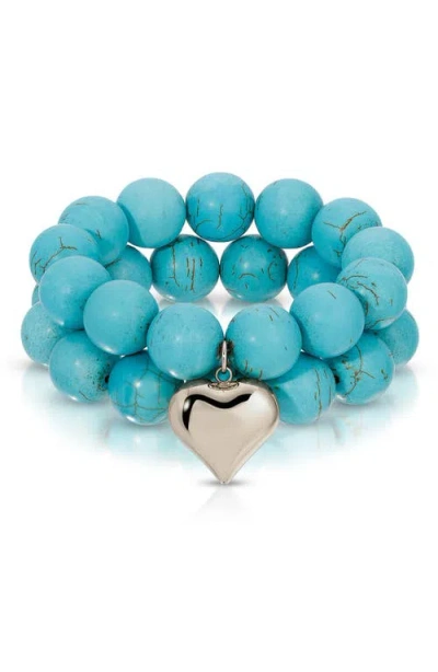Ettika Luck And Love Heart Charm Stone Beaded Stretch Bracelets. Set Of 2 In Blue