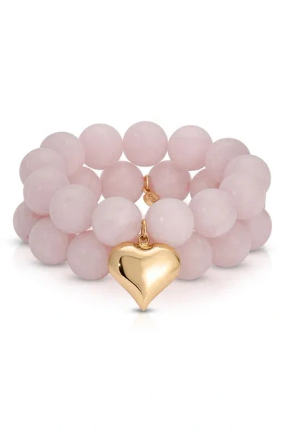 Ettika Luck And Love Heart Charm Stone Beaded Stretch Bracelets. Set Of 2 In Pink