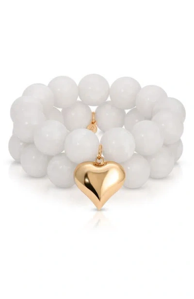 Ettika Luck And Love Heart Charm Stone Beaded Stretch Bracelets. Set Of 2 In White