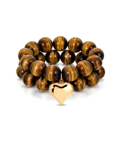 Ettika Luck And Love Tiger's Eye Heart Bracelet Set In Brown