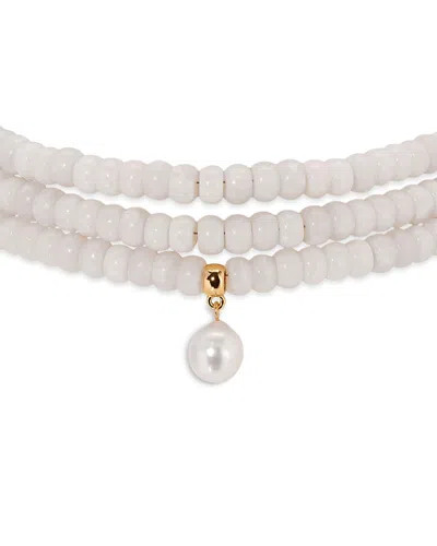 Ettika Marina Cultured Freshwater Pearl Charm Stone Beaded Multi Row Choker Necklace, 13-18 In White