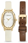 Ettika Oval Mother Of Pearl Watch & Leather Strap Set In White