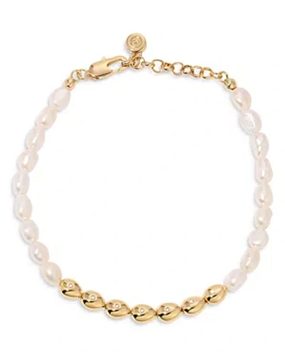 ETTIKA PAVE & CULTURED FRESHWATER PEARL POLISHED PEBBLE BEADED BRACELET IN 18K GOLD PLATED