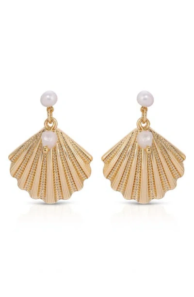 ETTIKA ETTIKA SCALLOP SHELL & FRESHWATER PEARL DROP EARRINGS