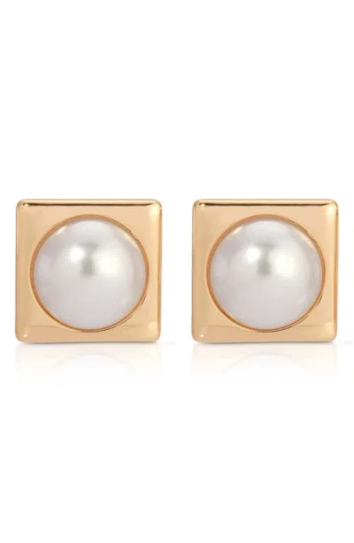 Ettika Square Faux Pearl Stud Earrings In Gold