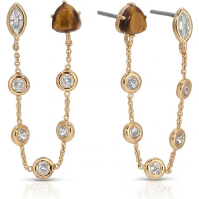 Ettika Tiger's Eye & Cubic Zirconia Double Piercing Stud Earrings In Metallic