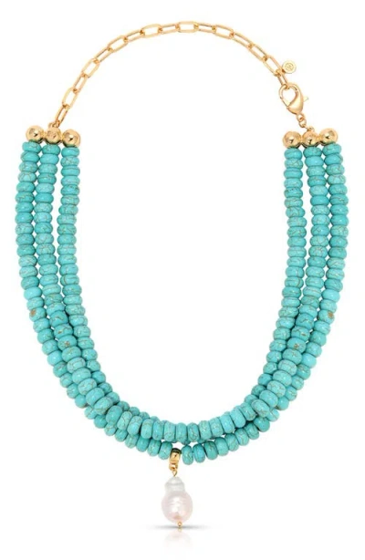 Ettika Triple Strand Turquoise Statement Necklace With Cultivated Pearl Dangle