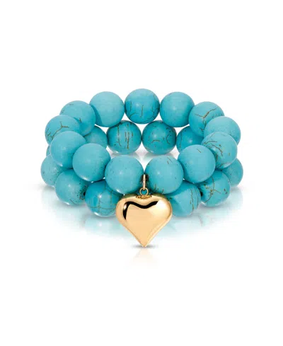 Ettika Turquoise And Gold Heart Beaded Elastic Bracelet Set