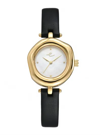 Ettika Open Circle Gold Plated Black Leather Watch, 70-110mm