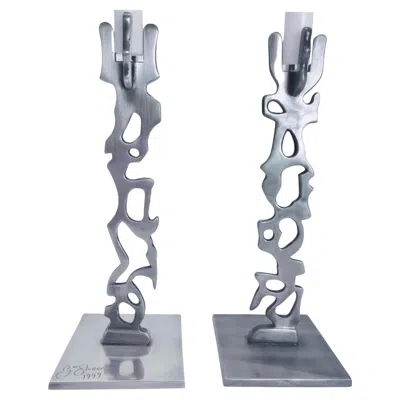 Pre-owned Ettore Sottsass 1990s Pair Postmodern Memphis Industrial R W Stoller Brutalist Candle Holders In Gray