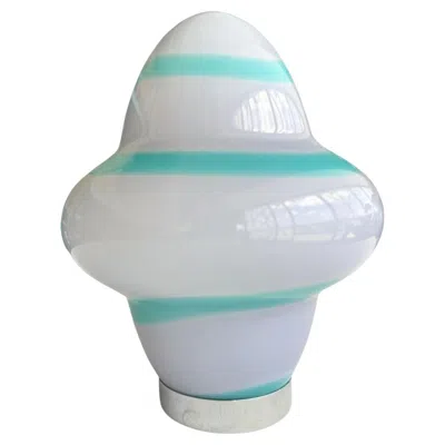 Pre-owned Ettore Sottsass 2 Modern White & Aqua Murano Table Lamps By Sottsass For Venini, Signed Ca.1994
