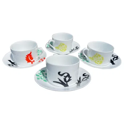Pre-owned Ettore Sottsass For Swid Powell “renaissance” Cup & Saucer, Set Of 4 In Gray