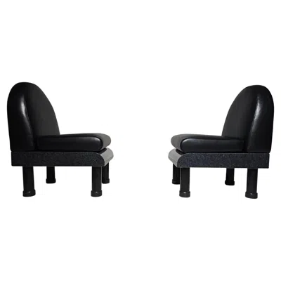 Pre-owned Ettore Sottsass Memphis Style Black Leather Lounge Chairs In The Manner Of , 1980