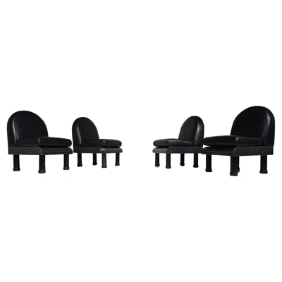 Pre-owned Ettore Sottsass Memphis Style Black Leather Lounge Chairs In The Manner Of , 1980