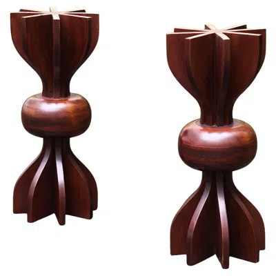 Pre-owned Ettore Sottsass Pair Of Wooden Side Tables, Gueridon, Sofa Tables, 1980s In Brown