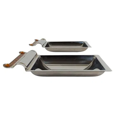 Pre-owned Ettore Sottsass Set Of 2 Postmodern Serving Platters In Steel & Veneered Plywood, Sottsass Style In Gray