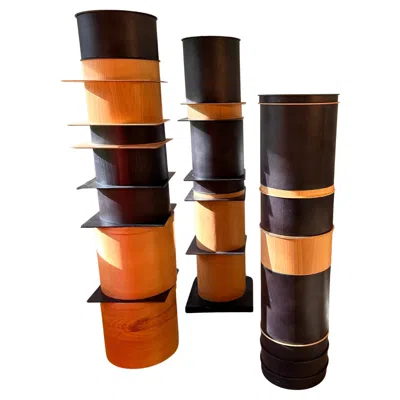 Pre-owned Ettore Sottsass Set Of 3 Sculptural Wooden Totems, Dmk Gallery, Milan In Brown