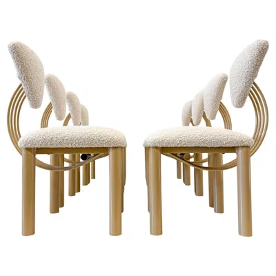 Pre-owned Ettore Sottsass Set Of 8 Post Modern Dining Chairs, Powder Coated Tan And Ivory Boucle, 1980's In White