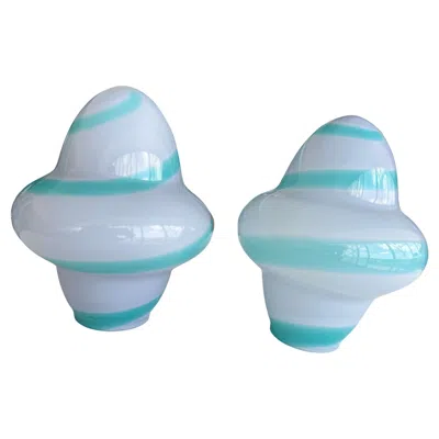 Pre-owned Ettore Sottsass Tow Modern White & Aqua Murano Table Lamps By E.sottsass For Venini, Signed 1994