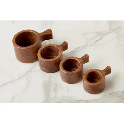 Etúhome French Bistro Wood Measuring Cups In Vintage Navy Blue Stripe Bag, Set Of 4 In Brown