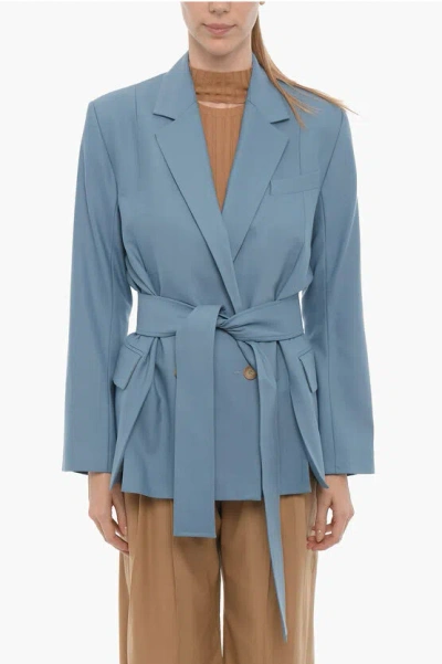 Eudon Choi Virgin Wool Blend Double Breasted Blazer With Belt In Blue