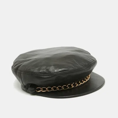 Pre-owned Eugen Dick Eugenia Kim Black Leather Chain Embellished Cap S