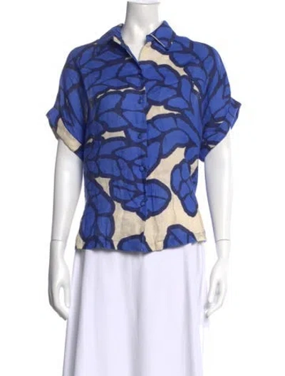 Pre-owned Eugenia Fernández Linen Floral Print Button-up Top In Blue