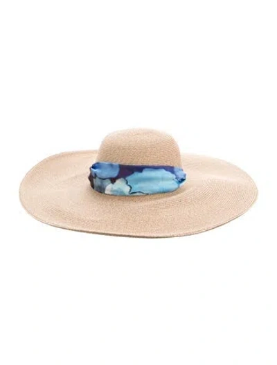 Pre-owned Eugenia Kim Beige Wide Brim Blue Pattern Printed Silk Felt Sash Tie  W/tags W/tags In Neutral